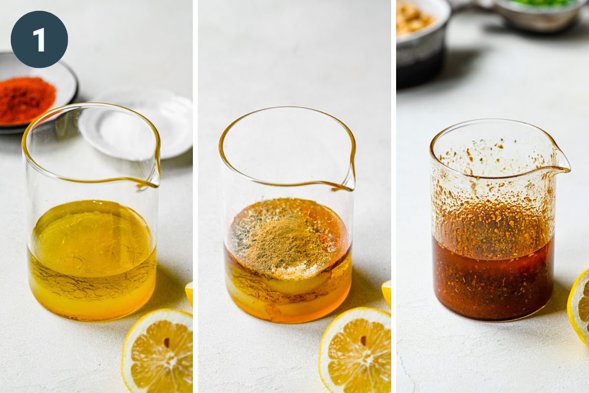 Three stages of whisking the harissa vinaigrette together in a glass container.