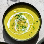 Overhead view of leek and celery soup in a bowl.