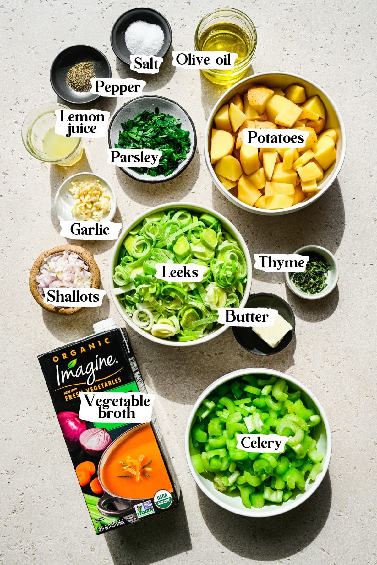 Overhead view of leek and celery soup ingredients.