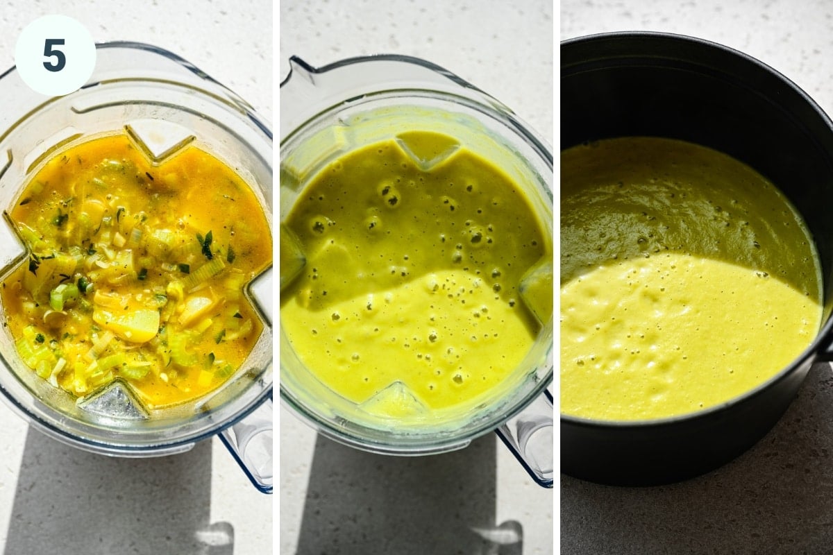 On the left: soup in a blender before blending. In the middle: soup after blending. On the right: soup in the pot.