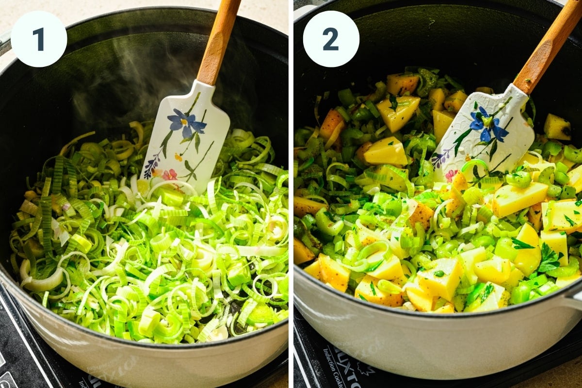 On the left: adding leeks to pot. On the right: adding potatoes and celery.