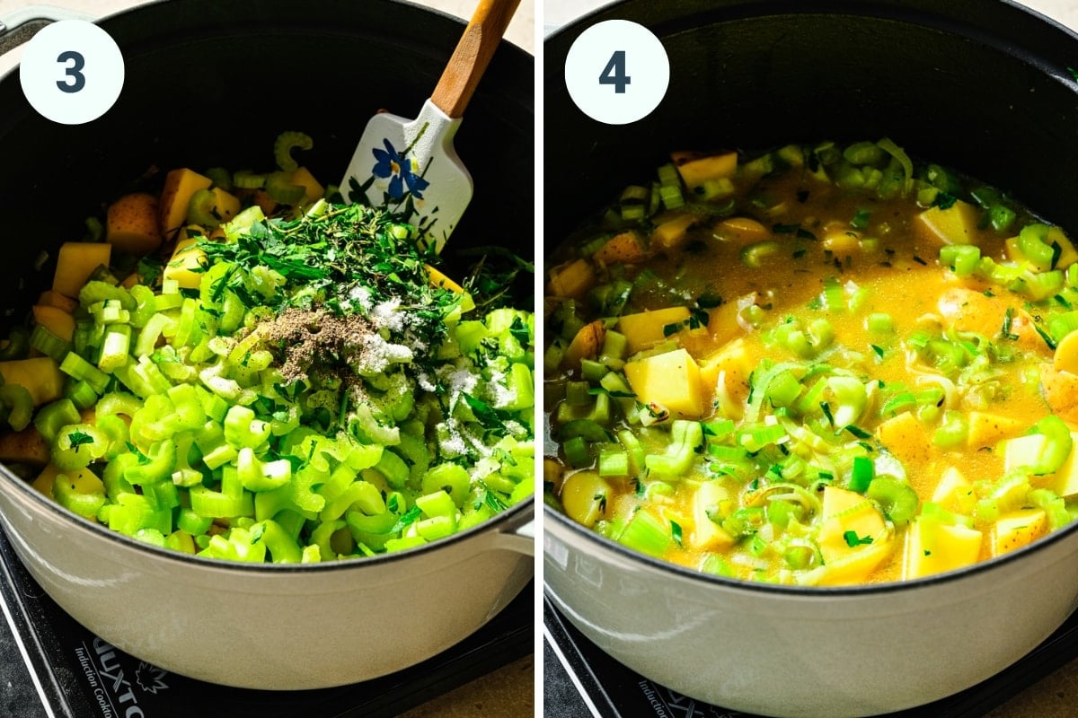 On the left: adding spices to soup. On the right: adding broth to soup.