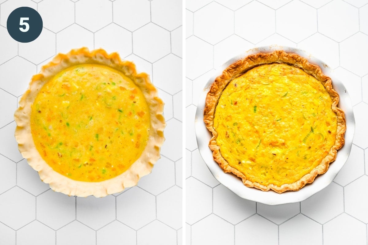 On the left: quiche before cooking. On the right: quiche after cooking.