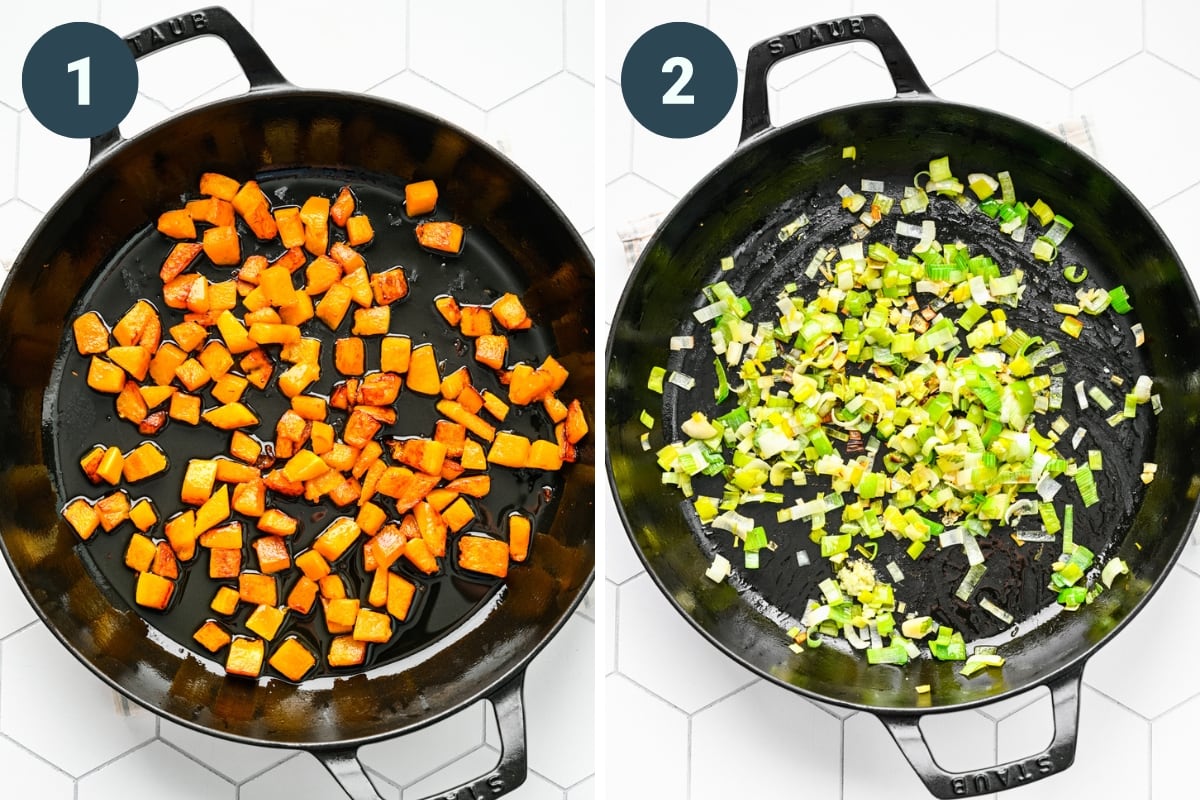 On the left: cooking butternut squash. On the right: cooking leeks.