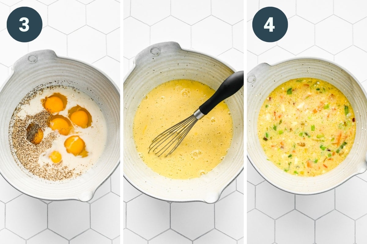 On the left: mixture before being whisked together. Middle: after whisking. Right: after adding vegetables.