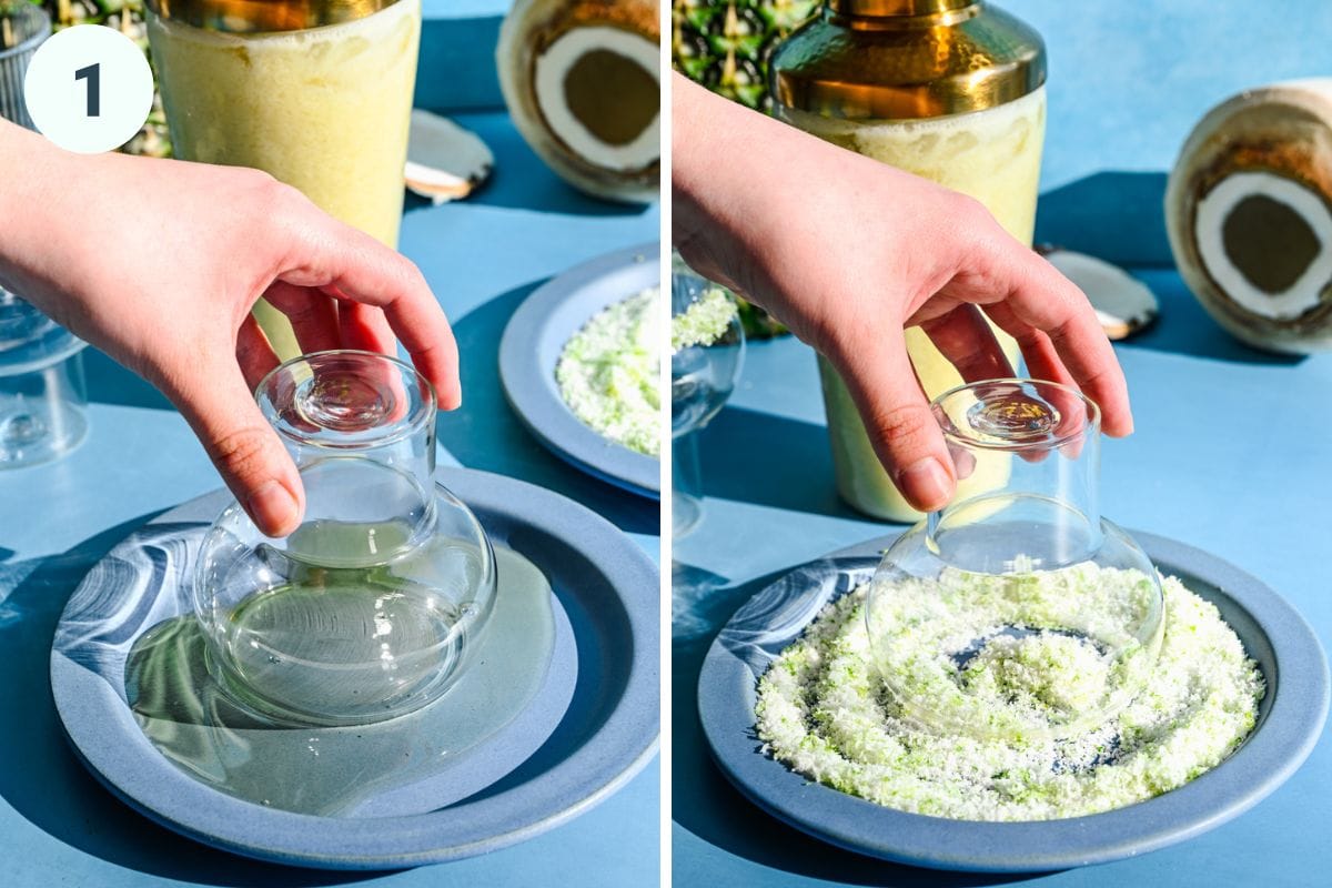 Left: moistening the rim. Right: dipping the rim in the lime mixture.