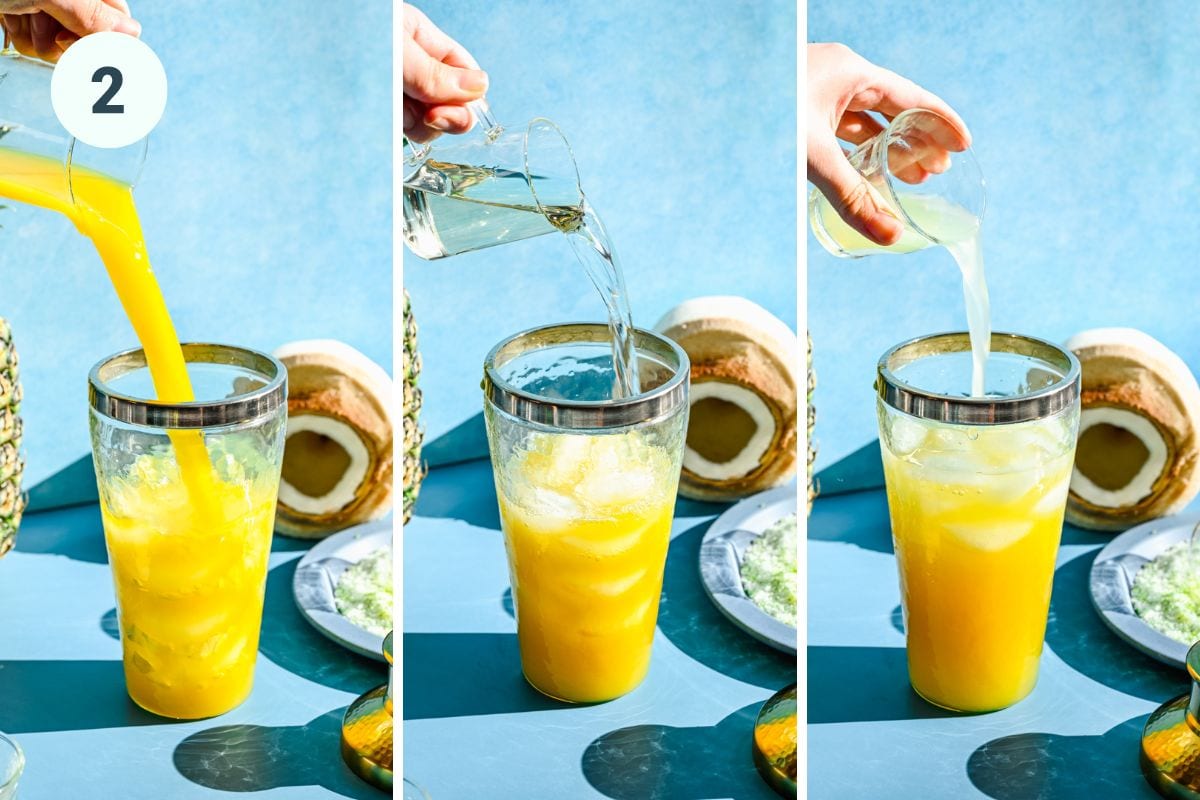 Pouring the liquids into an ice filled cocktail shaker.