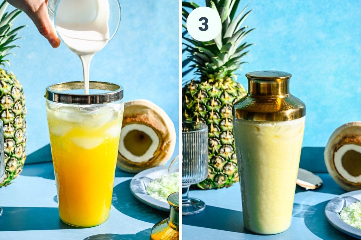 Left: pouring the coconut milk into the shaker. Right: mixed cocktail in the shaker.