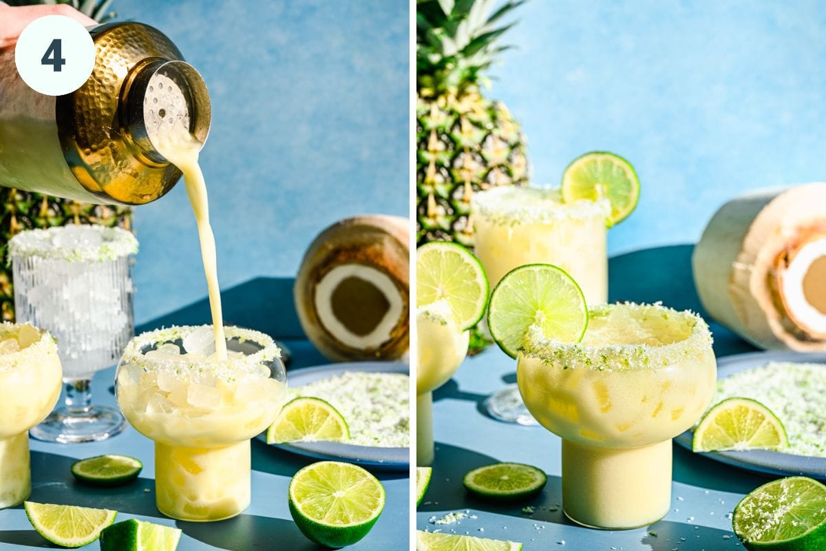 Left: straining the cocktail into the glasses. Right: finished margaritas.