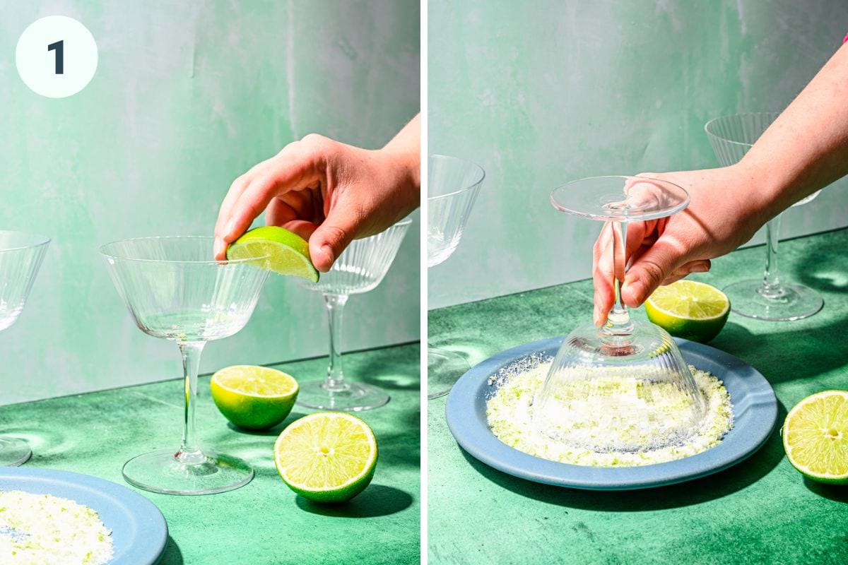 Left: rimming the glass with a lime wedge. Right: dipping the rim in the salt mixture.