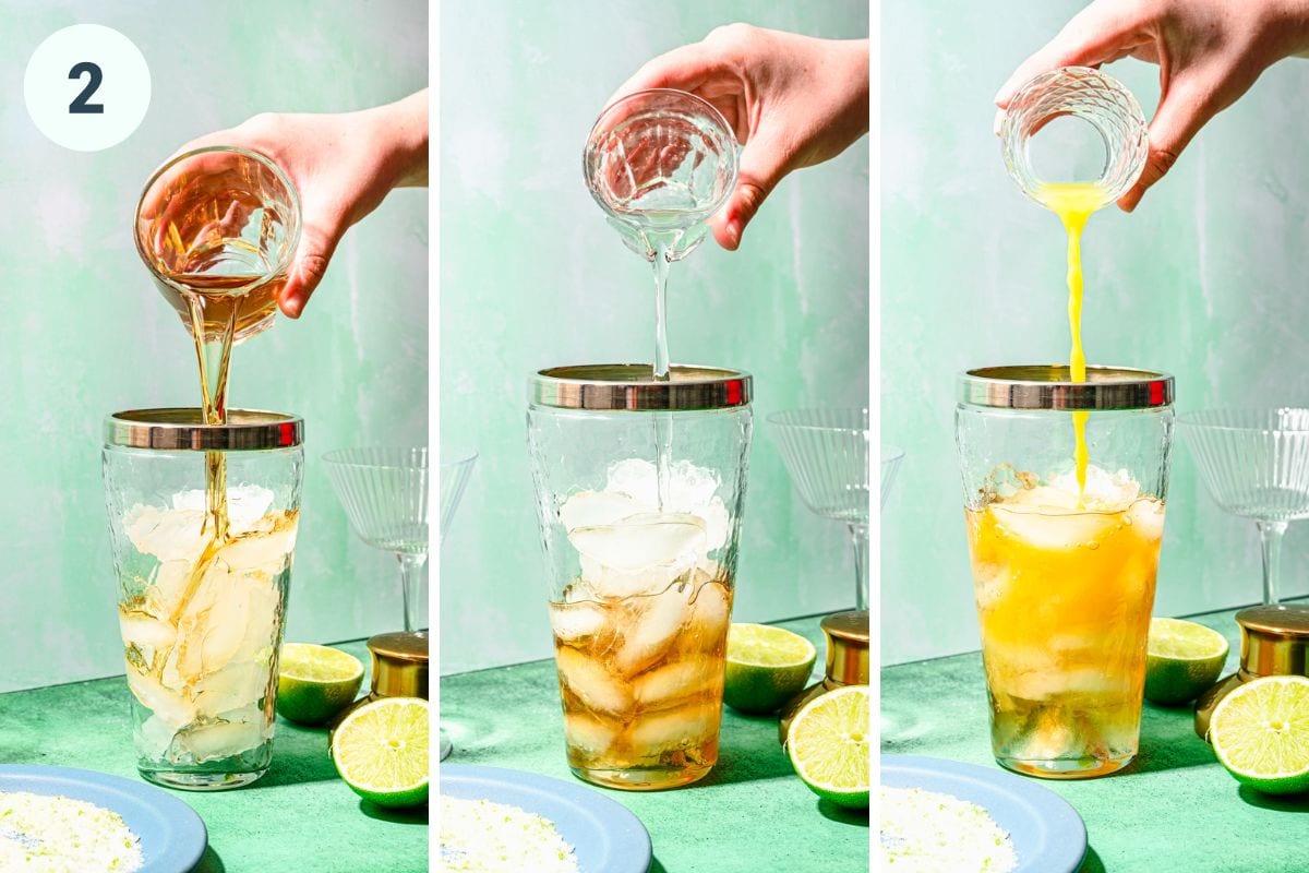 Pouring the liquids into the cocktail shaker.