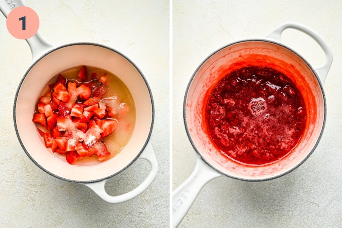 Overhead view of mashing up strawberries for strawberry simple syrup.