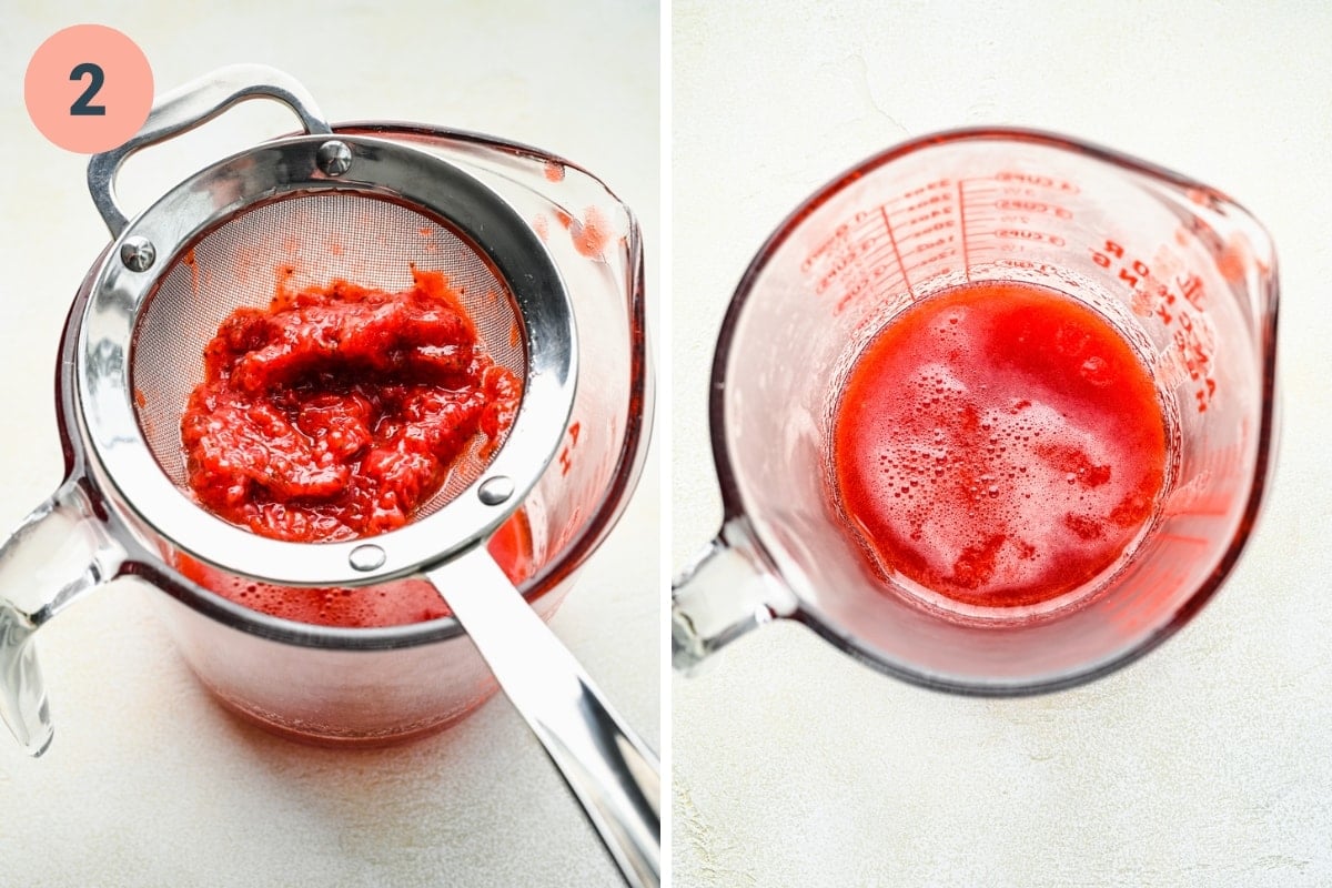 Overhead view of straining cooked strawberries to make simple syrup.