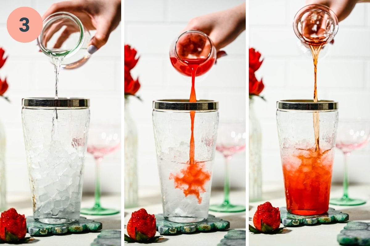 Three frame view of pouring strawberry martini ingredients into a cocktail shaker.