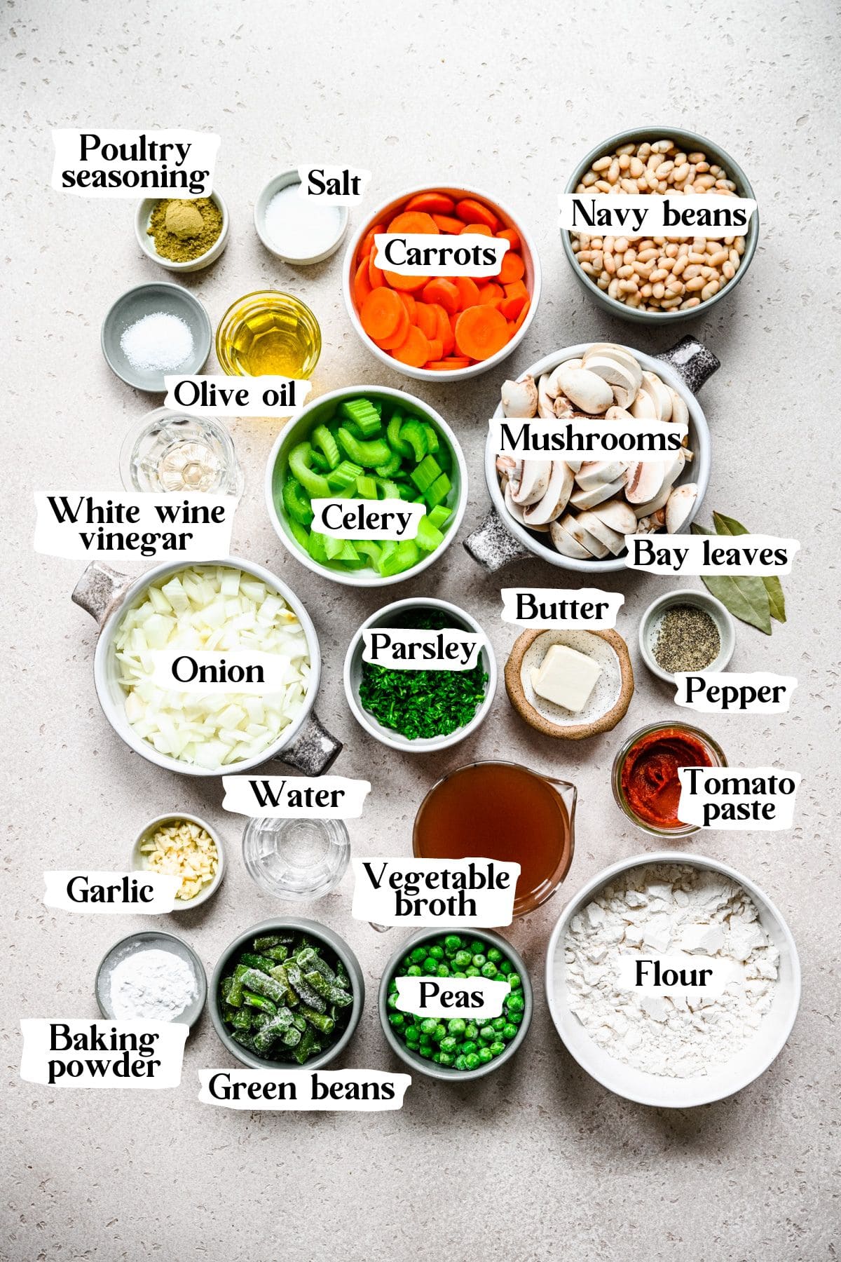 Vegan stew and dumpling ingredients including parsley and celery.