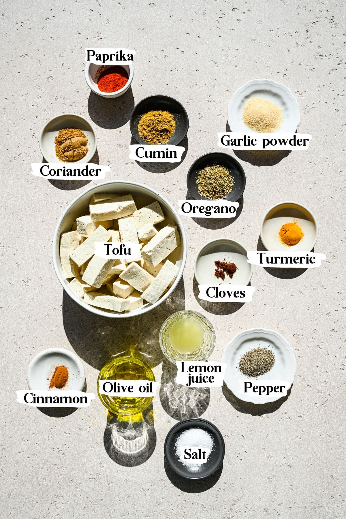Vegan shawarma ingredients including tofu and olive oil.