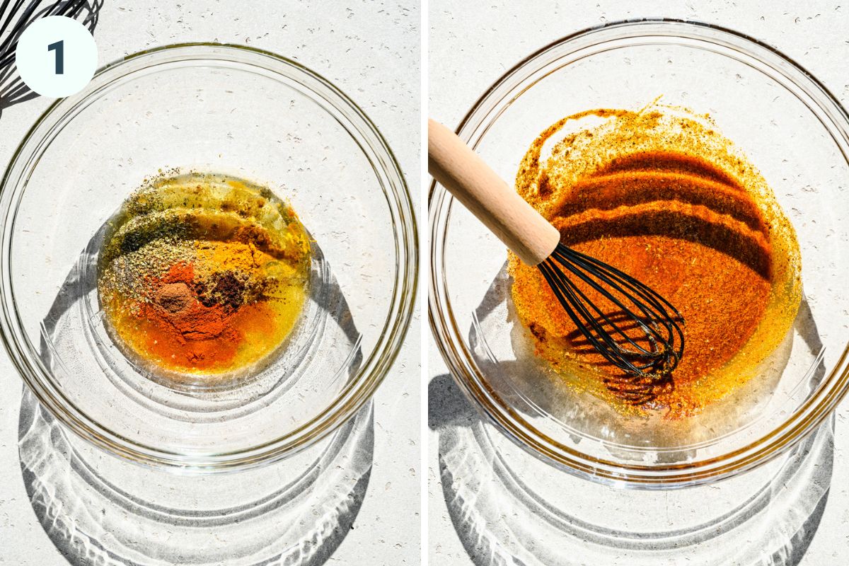 Left: spices and oil in a bowl: Right: whisking the spices and oil together.