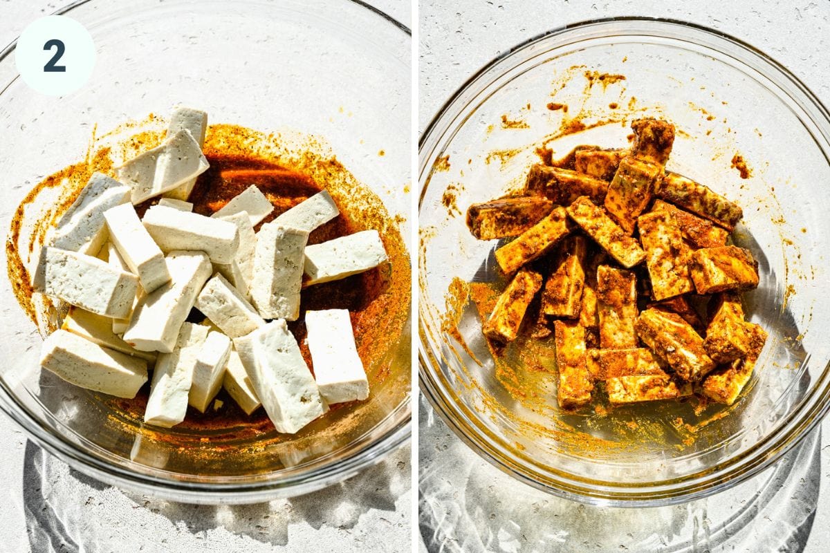 Left: adding the tofu into the spice blend. Right: tossed tofu in the spice blend.