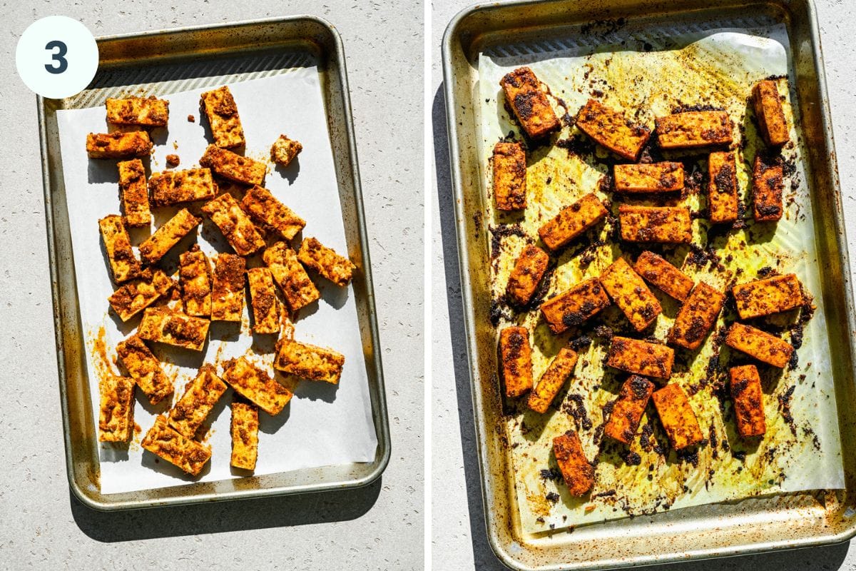 Left: tofu before baking. Right: tofu after baking.