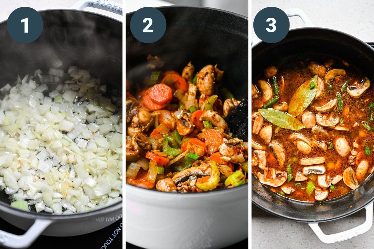 Left: cooking onions in a soup pot. Center: adding veggies into the onion mix. Right: adding broth and seasoning into the pot.