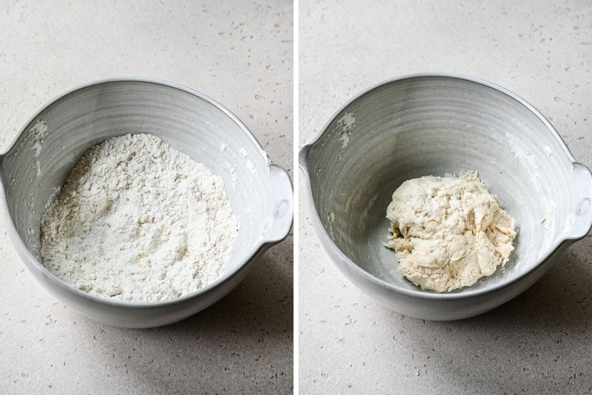Left: starting to mix the flour and butter together. Right: finished dumpling dough.