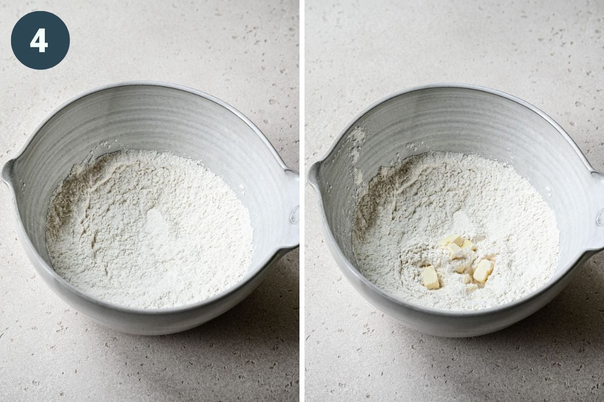 Left: flour in a bowl. Right: adding cold butter in.