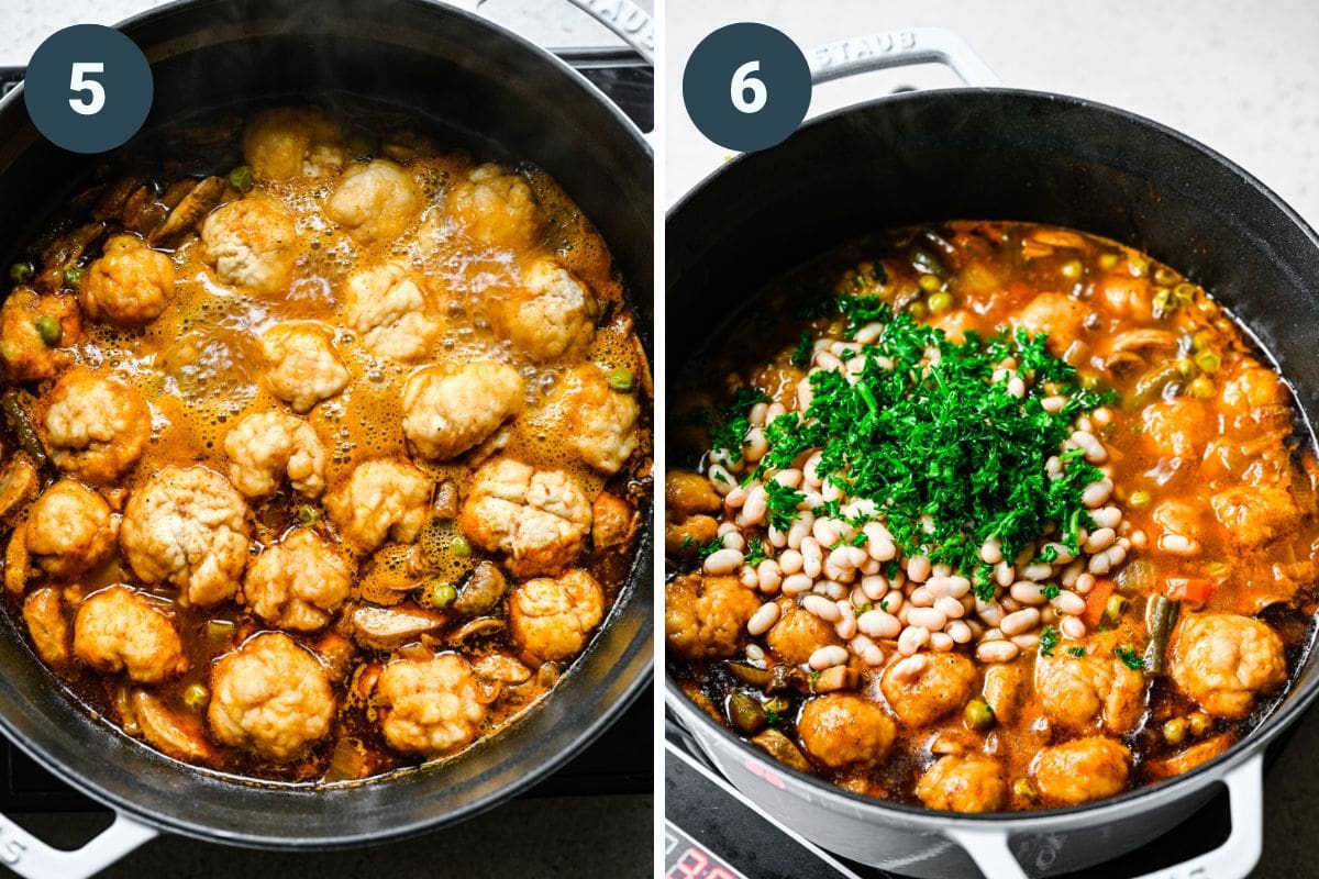 Left: adding the dumplings into the soup pot. Right: adding the beans and herbs into the pot.