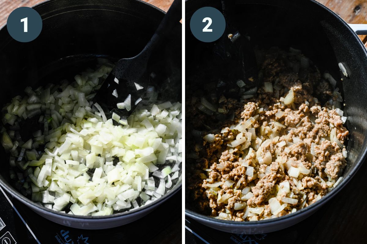Left: onions cooking in a soup pot. Right: adding in the vegan meat to the soup pot.
