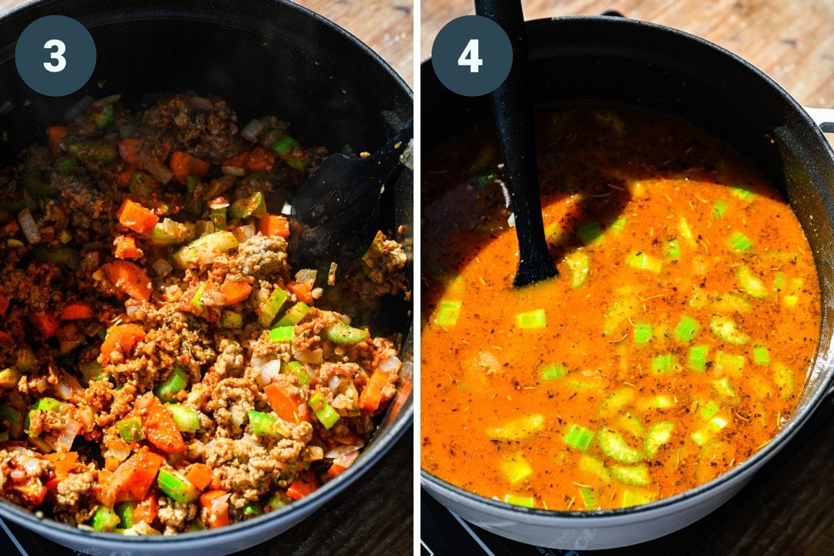 Left: adding in the veggies to the pot. Right: pouring in the veggie broth to the soup.
