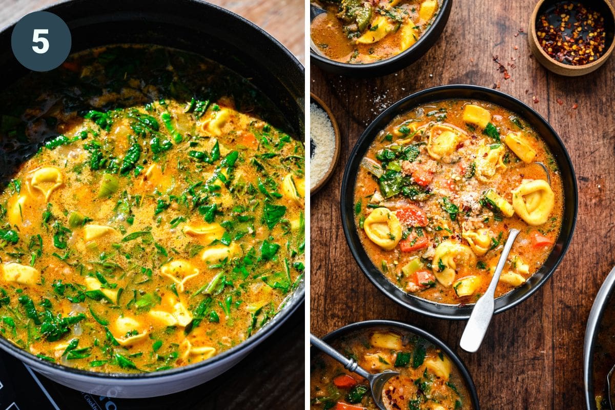 Left: mixing in the spinach and greens. Right: finished soup in bowls.