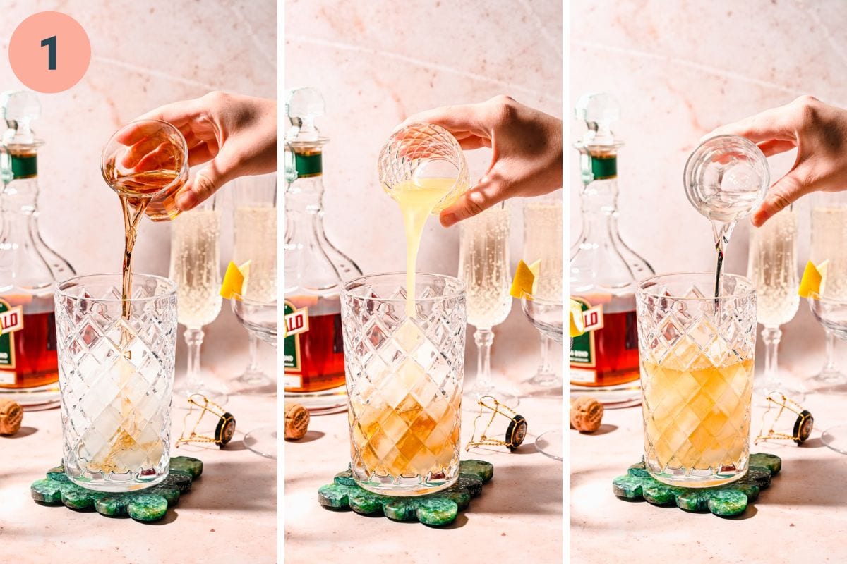 Pouring all the cocktail ingredients into a shaker filled with ice.