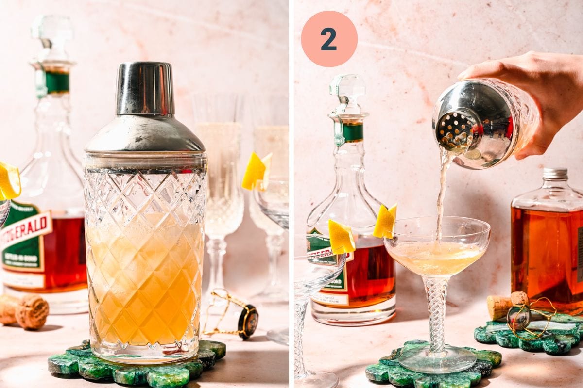 Left: cocktail in the shaker. Right: straining the cocktail into a glass.