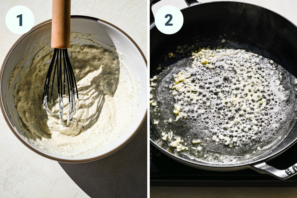 Left: whisking the ricotta and milk together. Right: cooking the garlic in a skillet. 