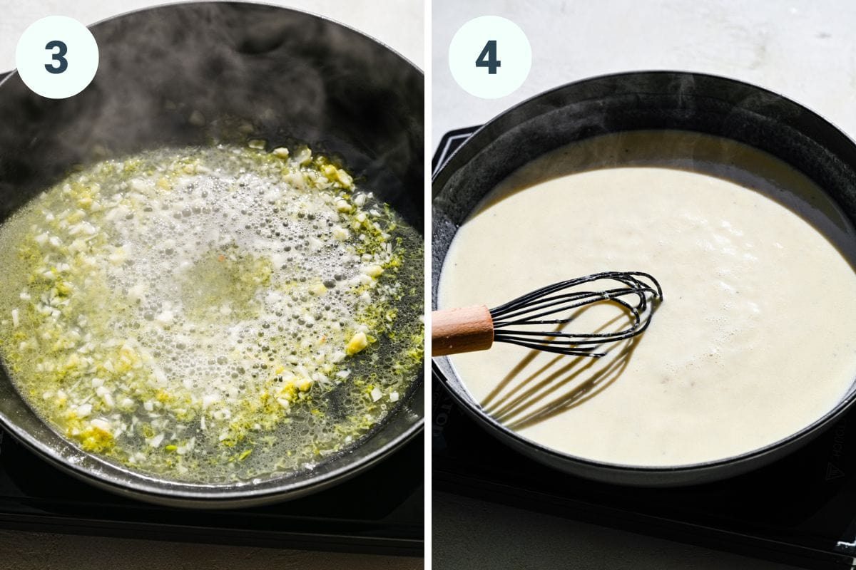 Left: adding the lemon juice and zest into the garlic mix. Right: whisking in the ricotta milk mixture.