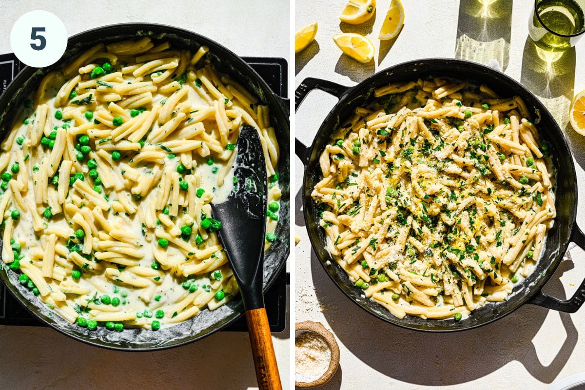 Left: adding the pasta and peas into the skillet. Right: finished vegan lemon pasta.