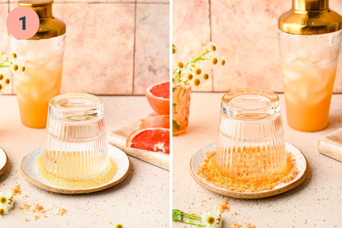 Left: dipping the glass rim in agave. Right: dipping the glass in the rim mixture.