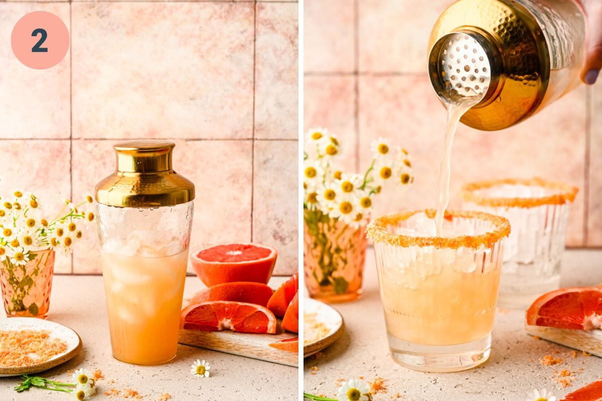 Left: cocktail in the shaker. Right: straining the cocktail into rimmed glass.