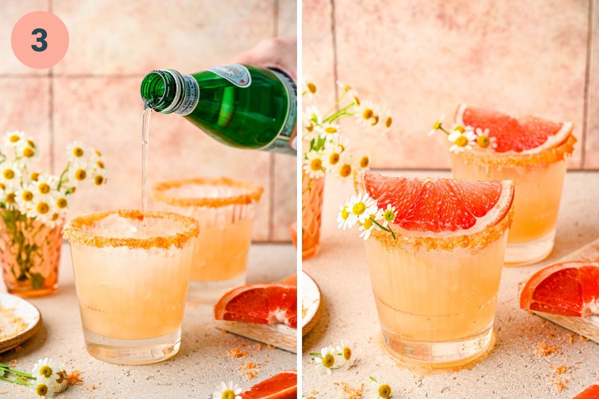 Left: topping the cocktails with sparkling water. Right: finished palomas.