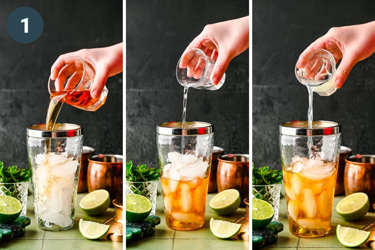 Pouring the liquids into the cocktail shaker.