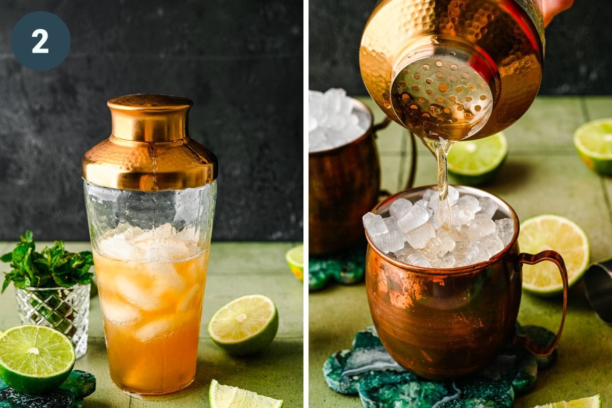 Left: cocktail shaker with mule in it. Right: pouring the cocktail into a copper mug.