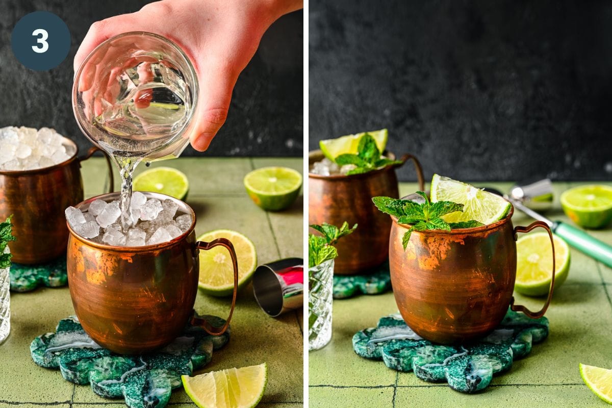 Left: topping the glass off with ginger beer. Right: finished mules in copper mugs.