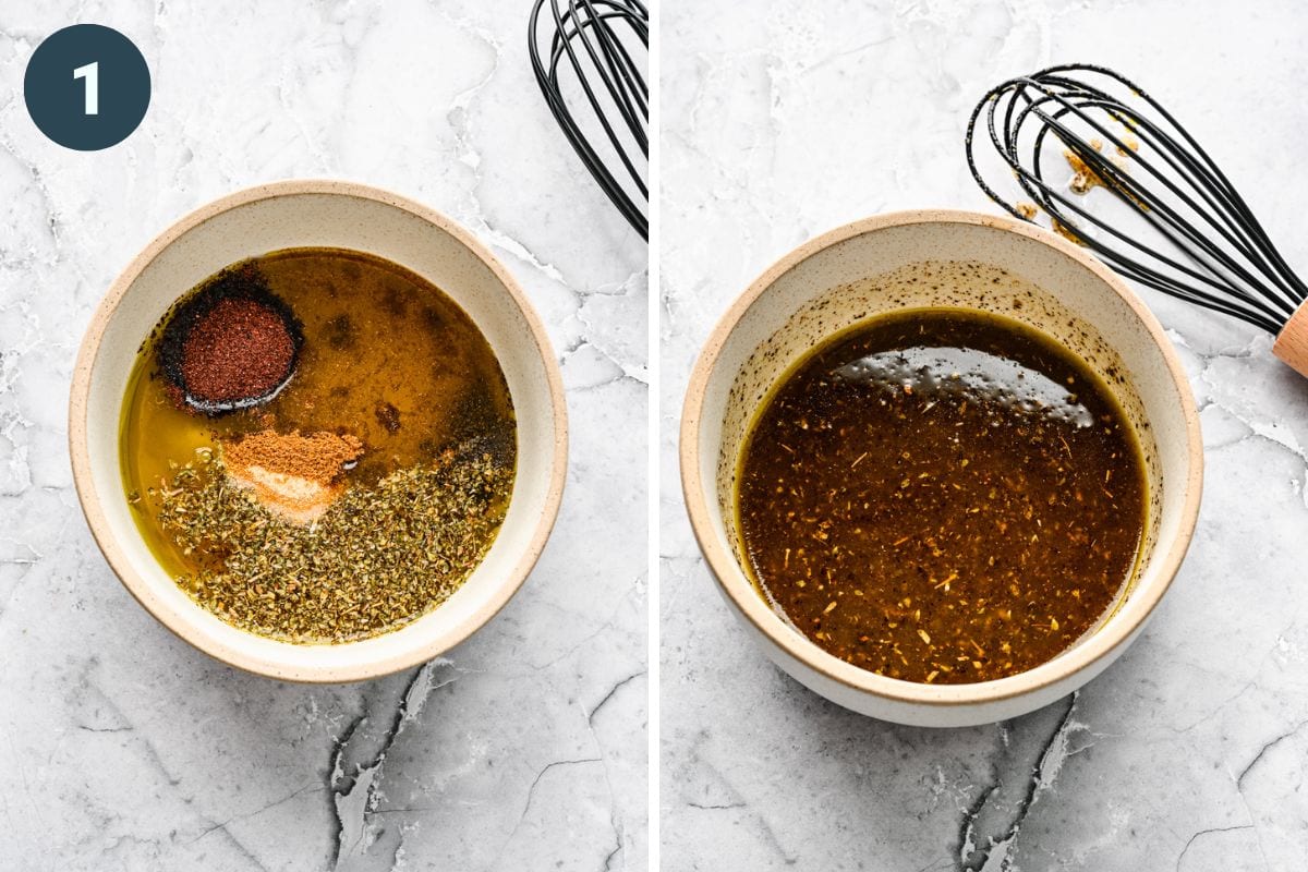 Left: dressing before whisking. Right: dressing after whisking.
