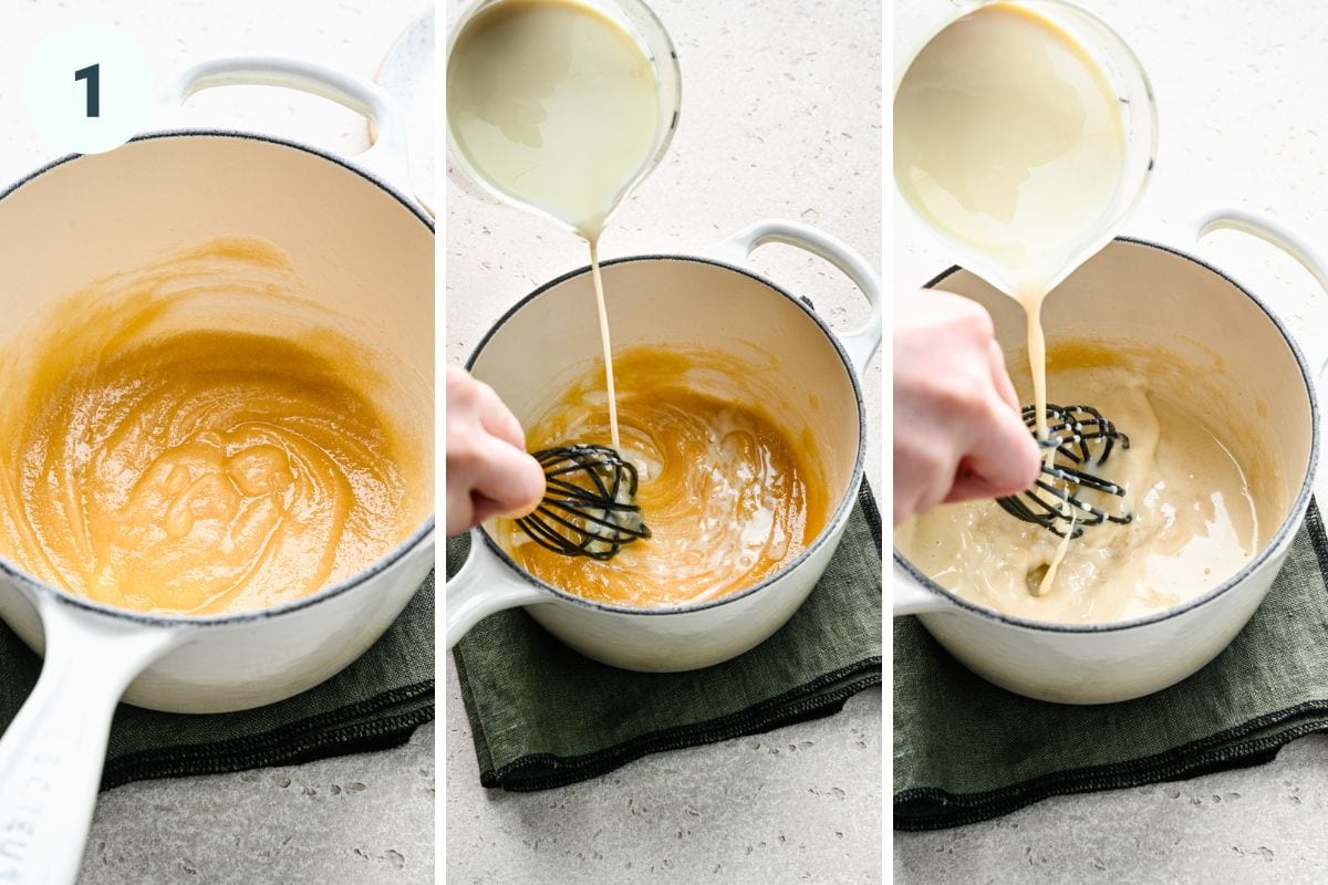 Three steps of melting the butter, adding the flour, and whisking in the milk.