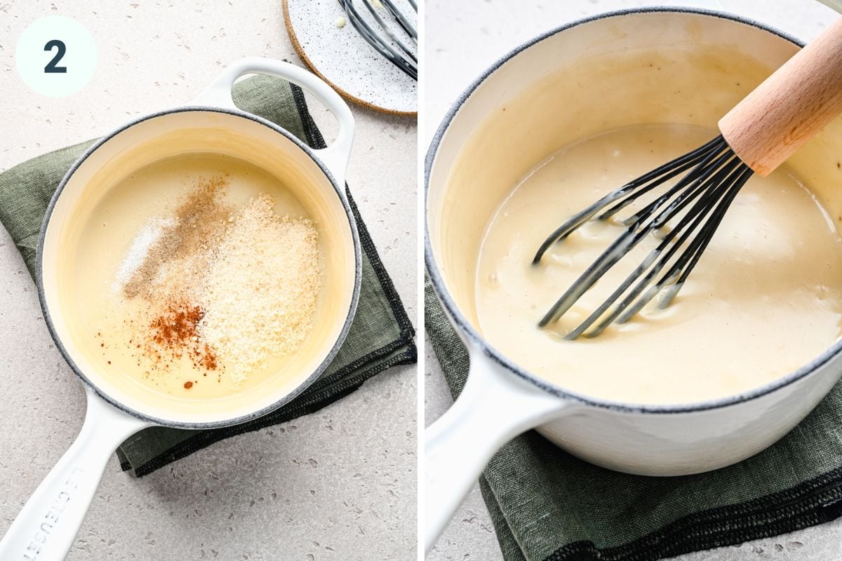 Left: adding in the spices. Right: finished sauce in a saucepan.