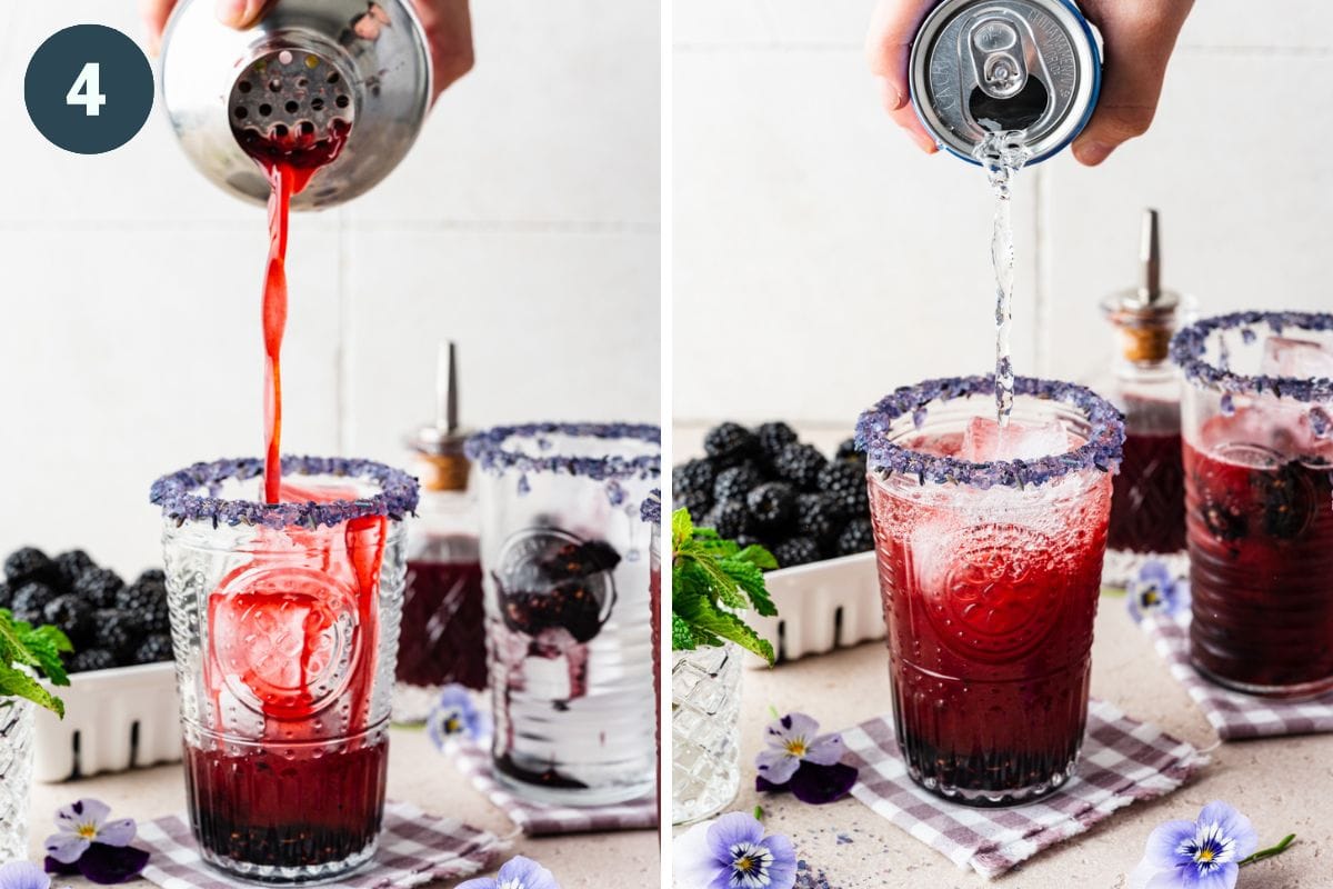 Left: straining the cocktail into the glasses. Right: topping with club soda.