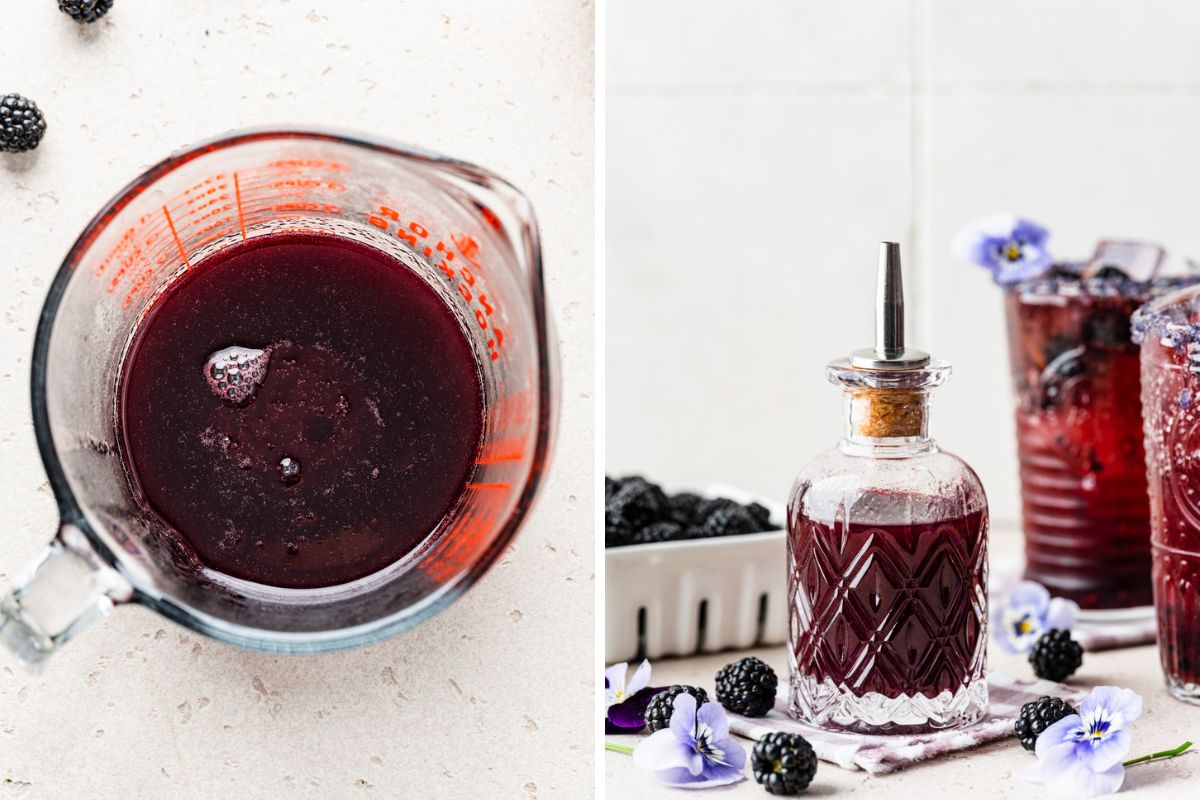 Left: strained simple syrup. Right: finished bottled simple syrup.