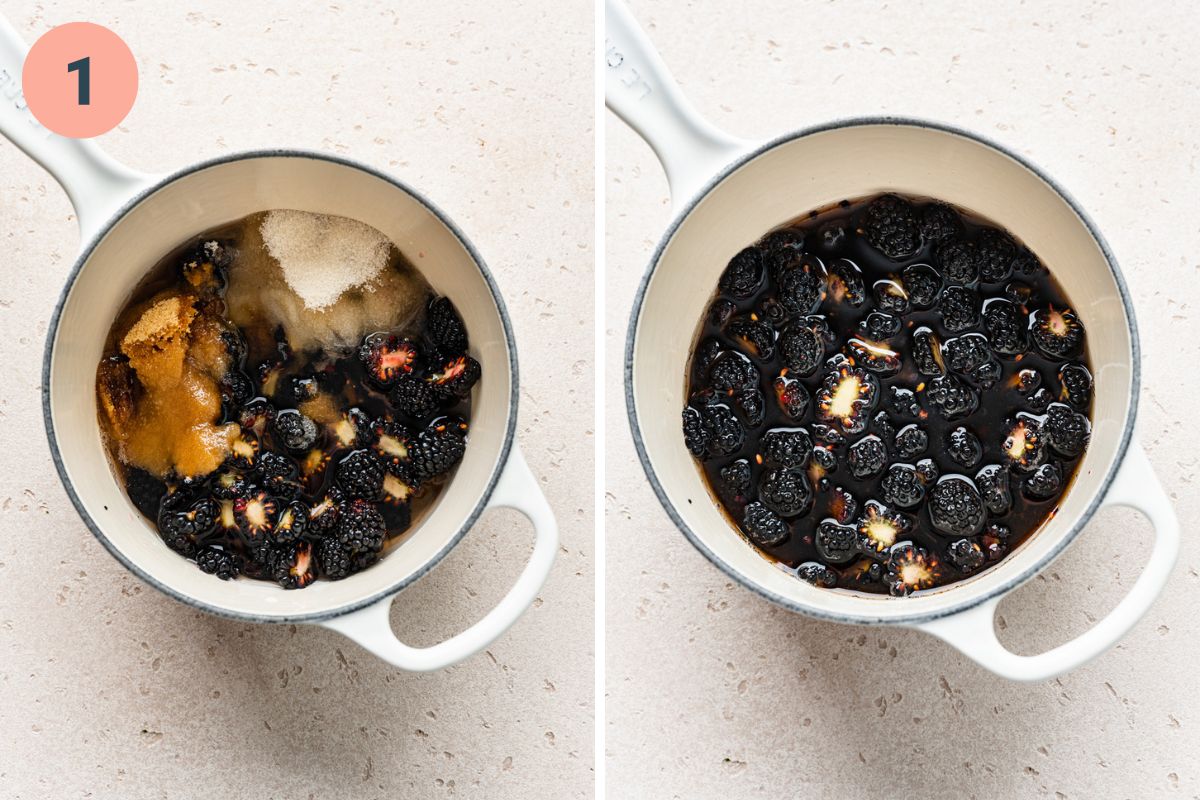 Left: adding all the ingredients to a saucepan. Right: mixing and heating the simple syrup.