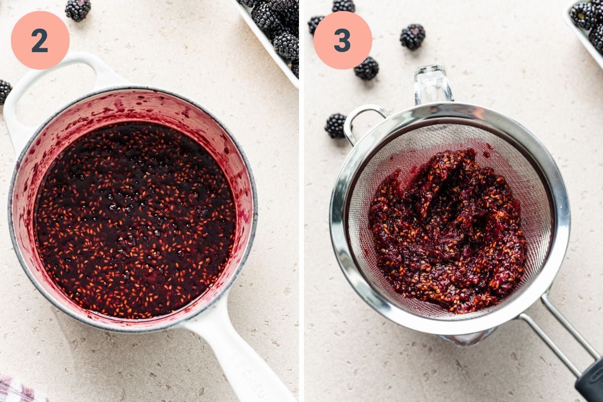 Left: mashing the simple syrup in a saucepan. Right: straining the simple syrup in a sieve.