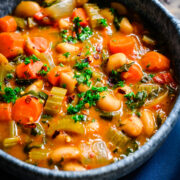 Close up of the finished butter bean stew in a bowl.