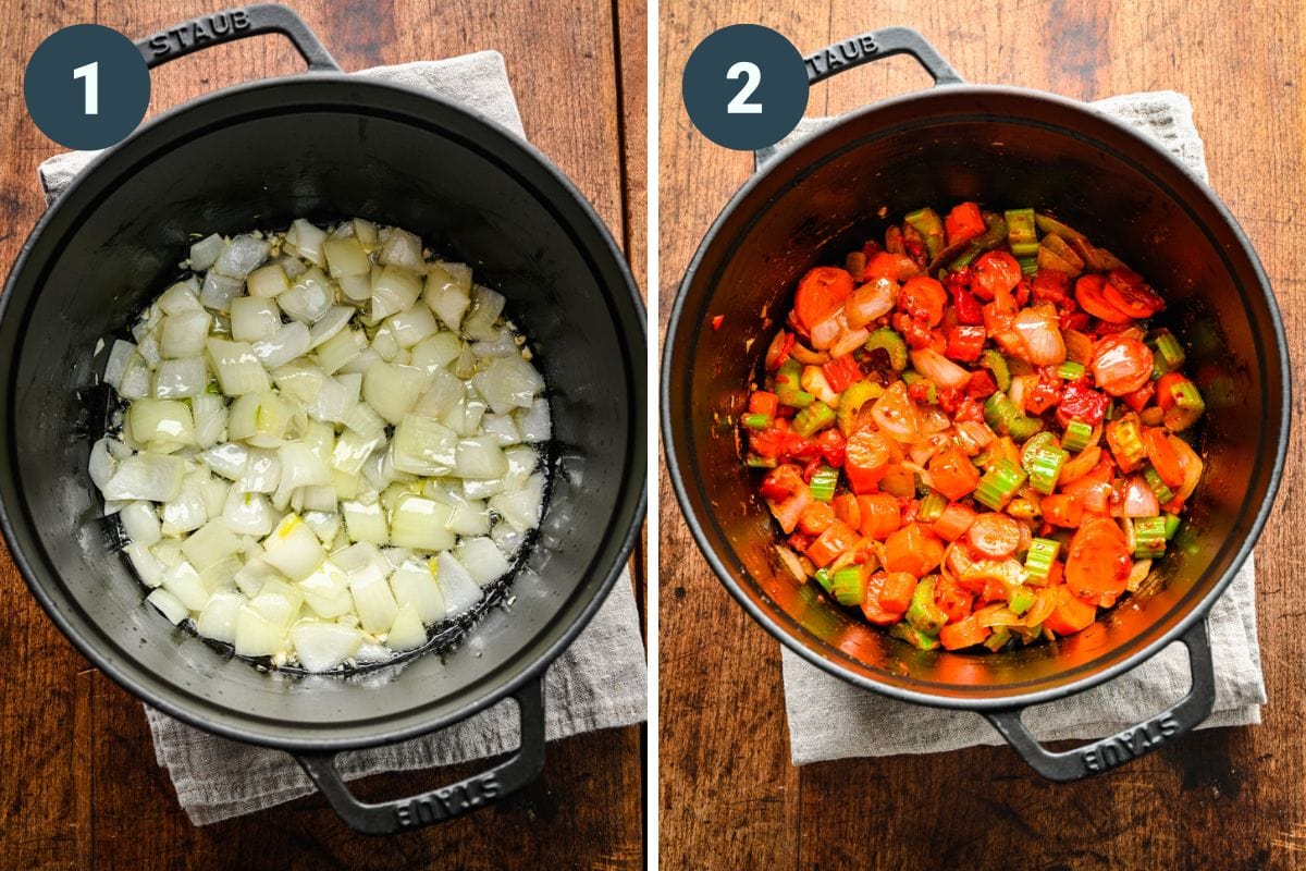 Left: onions cooking in pot. Right: adding in the other veggies to the pot.